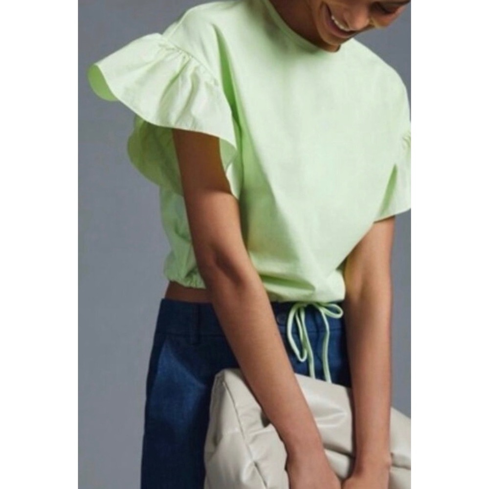 Maeve Anthropologie Lime Green Ruffle Flutter Sleeve Drawstring Crop Top Large